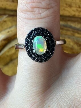 Natural Ethiopian Opal Black Spinel Sterling Silver Ring Size 6.75